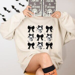 Halloween Skull Bow Sweatshirt Retro Girly Womens Spooky Season Party Top 79